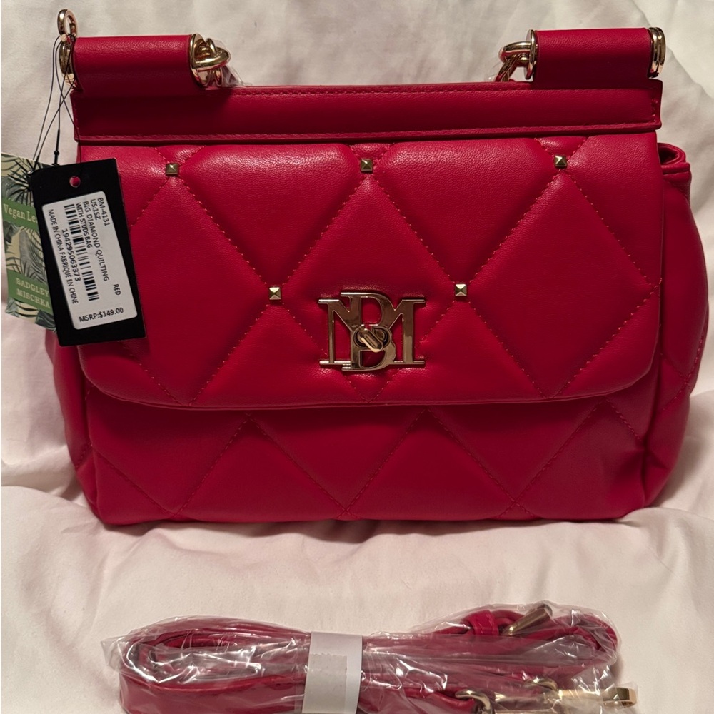 Badgley Mischka Quilted Shoulder Bag in Bright Red with Gold Hardware